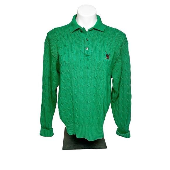 Polo Ralph Lauren vintage Kelly green cable knit 1/4 button collared sweater siz - Picture 1 of 12